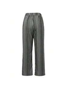 条纹弹力腰带、斜插口袋和吊带，休闲百搭，女士春秋季休闲抽绳口袋自然剪裁黑白条纹常规版型裤，日常休闲穿着 - 黑色 - 查看 2