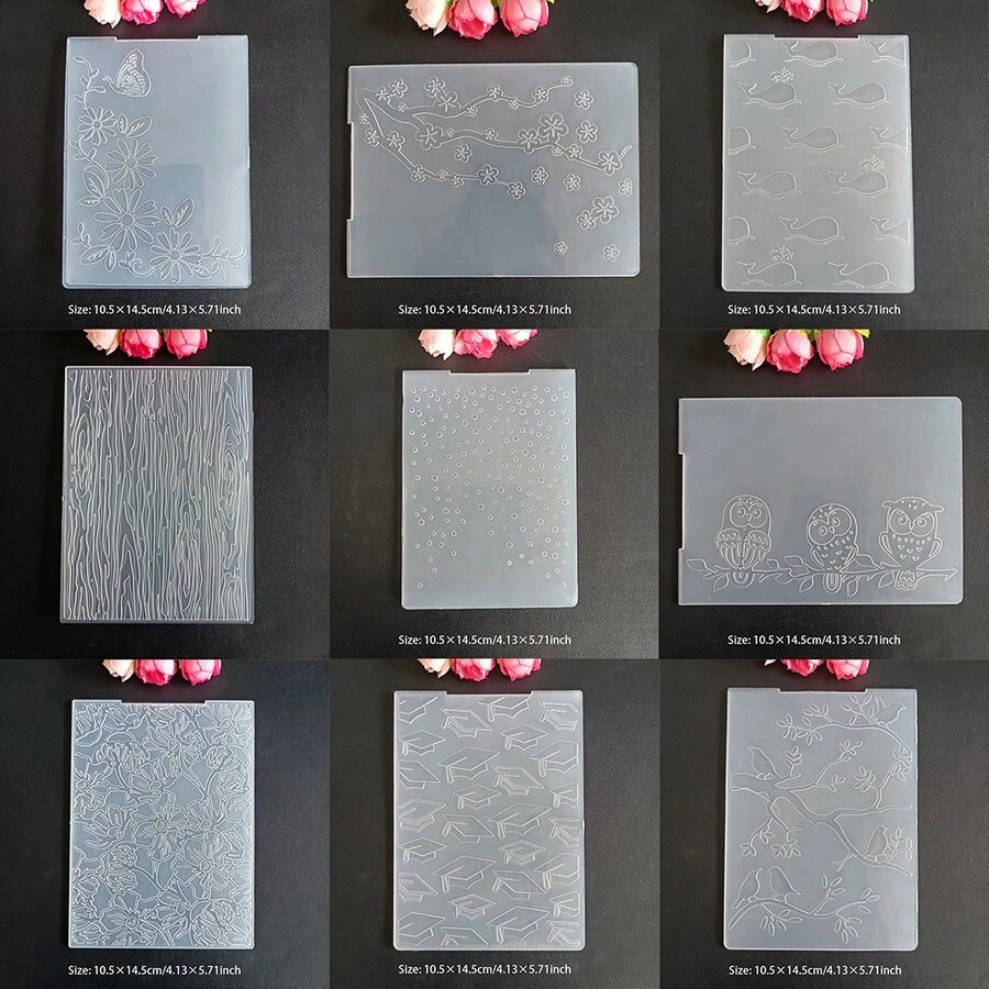 Molde de plástico 2D con relieve, plantilla para hacer álbumes de recortes, tarjetas, tablero de estampado transparente, adecuado para manualidades de álbumes hechos a mano, tarjetas DIY, flores, mariposas, plumas, ballenas, birretes de graduación, Día de la Madre