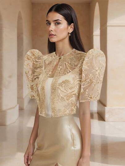 1件 AmyenjoylifeModern 菲律宾传统蝴蝶袖刺绣纽扣开衫女式衬衫，适合假日、生日派对、约会、春夏穿着，香槟色