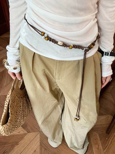 1 chiếc dây thắt lưng dệt thủ công bằng polyester màu cà phê, phong cách retro Bohemian, đính hạt.