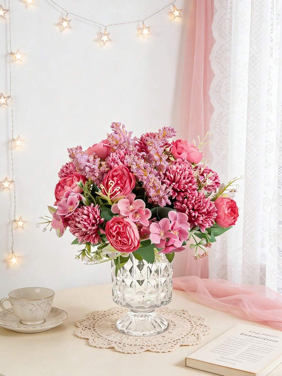 1支/3支人造玫瑰、绣球花、牡丹混合花束，婚礼新娘装饰，DIY花环，生日派对，家居装饰，花瓶填充物，户外花园，秋季，新年礼物 - 玫紅色 - 查看 1