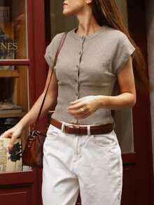 女士休闲简约纽扣前襟蝙蝠袖针织背心，适合日常穿着，四季皆宜，春夏上衣，优雅休闲外套 - 駝色 - 查看 8