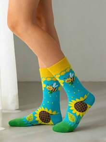 1 Pair Women's Socks, Sunflower & Bee Design Mid-Calf Socks, Casual Versatile Socks, Unisex, Suitable For All Seasons Including Summer - Multicolor - View 5
