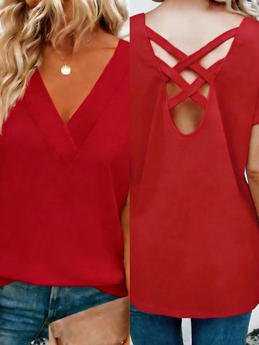 New Elegant Casual Plus Size Women's Solid Color V-Neck Criss-Cross Back Design Loose T-Shirt, Fashionable For Daily Wear, Spring/Summer Red - Red - View 1