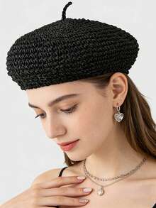 1pc Grass Woven Beret Women's Hollow-Out Breathable Thin Design, Sweet And Cute Versatile Retro Artistic Painter Hat Grass Woven Beret Hat - Multicolor - View 7