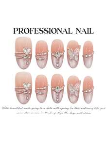 10 miếng dán móng tay hình bướm 3D thủ công dành cho cô dâu, màu hồng nude ombre đính đá pha lê hình bướm, dáng oval/coffin, phù hợp cho cô dâu dự đám cưới mùa xuân/hè, lễ hội âm nhạc, kèm keo và dũa móng, dụng cụ làm móng DIY. - Màu Hồng baby - Xem 5
