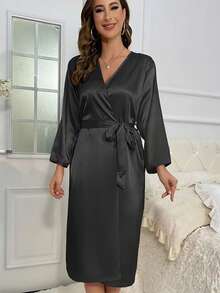 女士高品质仿丝睡袍，长袖开衩系腰睡衣，性感简约风格家居服/浴袍 - 彩色 - 查看 6