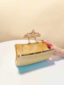 Túi xách dự tiệc thiết kế giản dị thời trang, ví cầm tay nhỏ màu đen đính lá kim loại lấp lánh, thích hợp cho tiệc tùng, ăn tối, tiệc chiêu đãi, có dây đeo vai. - Vàng - Xem 4