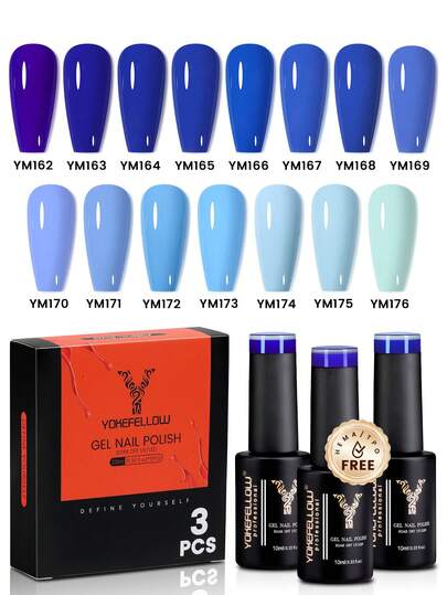 YOKEFELLOW 10ml blaues Gel-Nagellack, 3 Stücke Frühling Sommer klassisch blaue Nägel Urlaubs-Nägel Semi-Permanente Maniküre Nagel-Gel-Lack Abweichbar UV LED Nagelkunst Salon DIY für Frauen Mädchen