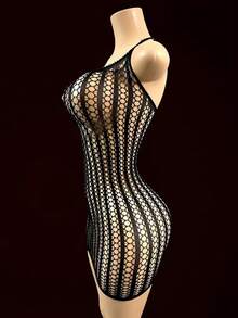 性感黑色网纱连体衣，无肩带设计，优雅一体式网纱服装，女士款，成人理想之选，无肩带连体衣，狂欢派对 - 黑色 - 查看 3