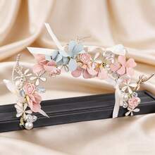 Elegant Pink Ceramic Flower Headband With Bow, Bridal Wedding Hair Accessory - Pink - View 2