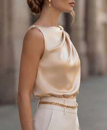 Vuslat 女士夏季梭织柔软缎面休闲通勤风翻领纯色褶裥不对称金属纽扣衬衫，适合情人节、工作通勤、商务会议、度假、狂欢节等场合。 - 香檳色 - 查看 5