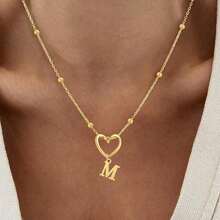 1pc New Hollow Heart Letter Pendant Necklace, Stainless Steel Herringbone Chain, Women - 金子 - 查看 5