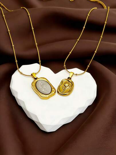 1件玫瑰花钛钢项链，时尚花卉吊坠项链，男女皆宜的复古奢华精致侧边珍珠链项链，简约百搭项链，情侣项链