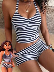 Bộ đồ bơi hai mảnh dành cho nữ, áo crop top kẻ sọc thanh lịch và gợi cảm kết hợp với quần short, thích hợp cho kỳ nghỉ, bãi biển, bơi lội và các dịp khác, phù hợp cho mùa Thu/Đông và Xuân/Hè 2026. - Màu xanh đậm - Xem 2