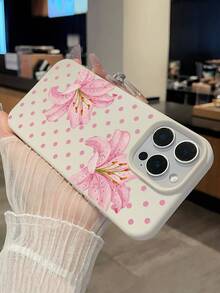 Ins Style Pink Lily Flower With Fine Pink Polka Dots, High-Quality Matte White Leather Texture Shockproof Anti-Scratch Non-Slip Phone Case, Compatible With IPhone & Galaxy - White - View 3