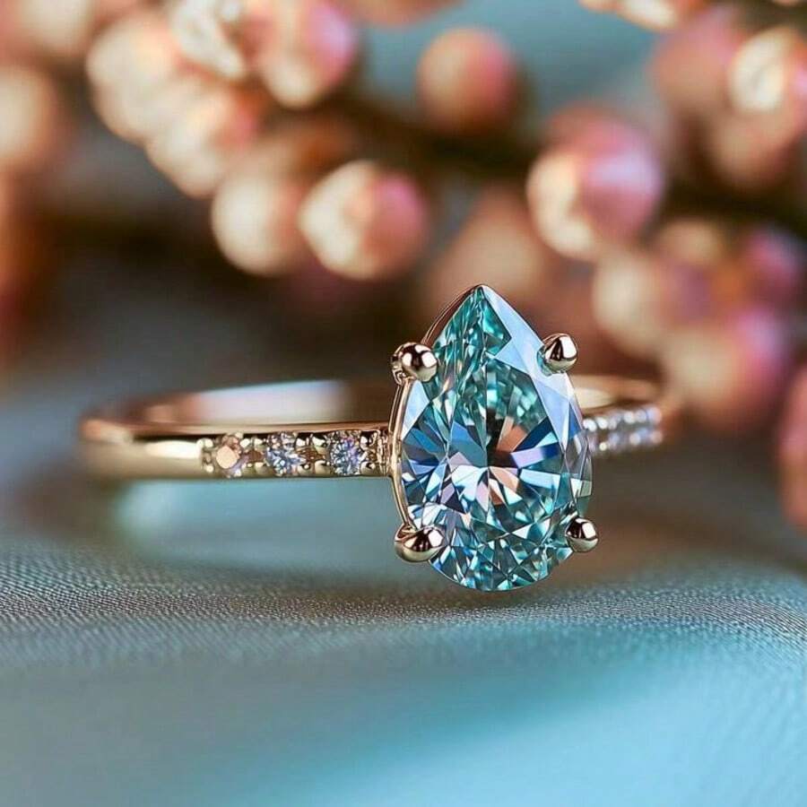 1枚奢华闪耀女士订婚戒指，高品质精致迷人戒指，镶嵌金色水滴形合成立方氧化锆，订婚/结婚戒指，适合婚礼和派对，完美的情人节礼物 - 金色 - 查看 1