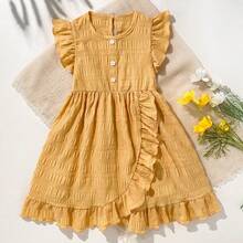 Young Girl Plain Round Neck Ruffle Casual Vacation Dress - Ginger - View 7
