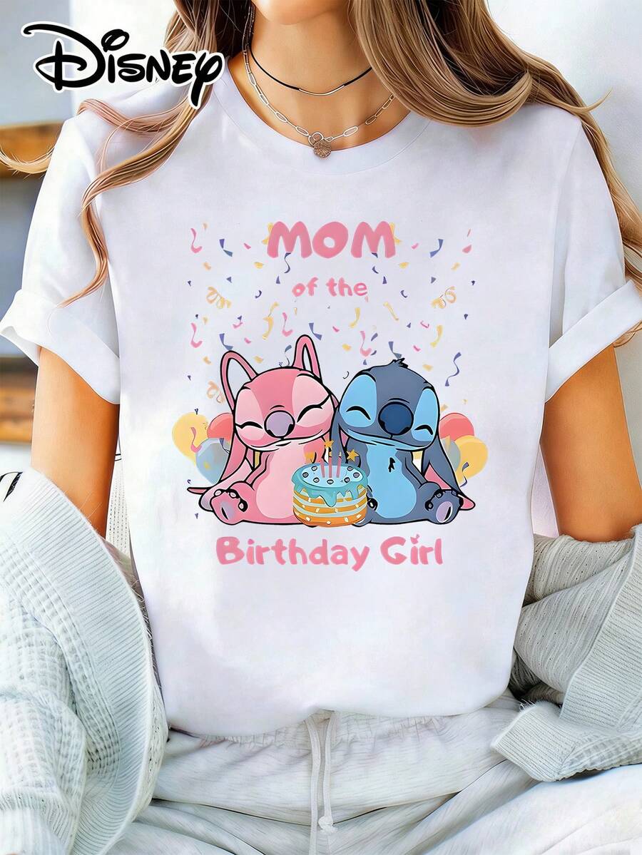 Women's Disney Lilo & Stitch 'Mom Of The Birthday Girl' Cotton Short Sleeve Round Neck Casual T-Shirt - 白色 - 查看 1