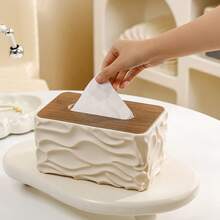 10.3 X 7.3 X 5.1 Inches Creative Wave Design Rectangular Tissue Box, Tissue Dispenser, Wooden Grain Tissue Box Cover Glove Box Holder, Suitable For Bathroom, Vanity, Desk, Bedside Table And Other Scenes - Multicolor - View 1