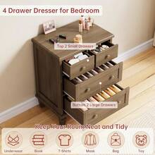 Hodeffior Cassettiera con 4 cassetti per camera da letto, cassettiera vintage in legno con maniglie intagliate, mobile contenitore di metà secolo con gambe affusolate, grande capacità, 76 cm di larghezza per guardaroba, soggiorno, camera da letto, 76x60x48 cm - Marrone chiaro - Visualizzare 2