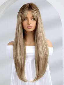 Ombre Linen Gold Long Straight Synthetic Wigs For Women Natural Wave Wigs With Bangs Heat Resistant Cosplay Hair - Multicolor - View 4