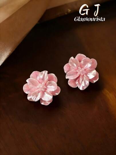 1 Pair Delicate Cute Fashionable Versatile Pink Flower Stud Earrings, Suitable For Women's Daily, Festival, And Party Wear