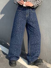 Quần jeans nam ống đứng kiểu Mỹ cổ điển họa tiết ngôi sao, quần ống rộng thoải mái phong cách đường phố, kiểu dáng thanh lịch dành cho sinh viên. - Màu xanh lam - Xem 3