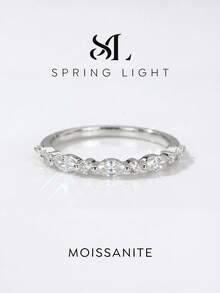 1枚独特闪亮马眼形圆形莫桑石925纯银奢华订婚戒指、承诺戒指、周年纪念戒指、女士珠宝礼物、情人节礼物 - 銀色 - 查看 1