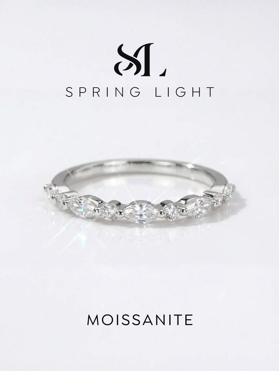 1枚独特闪亮马眼形圆形莫桑石925纯银奢华订婚戒指、承诺戒指、周年纪念戒指、女士珠宝礼物、情人节礼物 - 銀色 - 查看 1