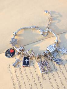 1件耶稣十字架宗教手链，圣经十字架DIY手链，宗教心形樱花手链，十字架天使心形手链 - 銀色 - 查看 4