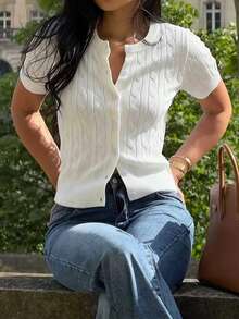 GIGOGOU 时尚夏季抽绳女士针织T恤修身短袖开衫上衣套装 - 白色 - 查看 3