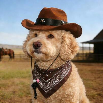 Western Style Pet Cowboy Hat And Scarf Set, Star Decor Pet Hat With Patterned Scarf, Suitable For Small Dogs And Cats