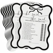 Bộ bài trò chơi "Anh ấy nói, cô ấy nói" dành cho tiệc cưới và lễ đính hôn theo phong cách tối giản với nơ đen, phù hợp cho khách mời. - A - Xem 2