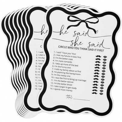 Black Bow Tie Newlywed Party Game Cards, He Said She Said Game Cards Suitable For Guests, Minimalist Bow Tie Engagement Party And Wedding Party Supplies