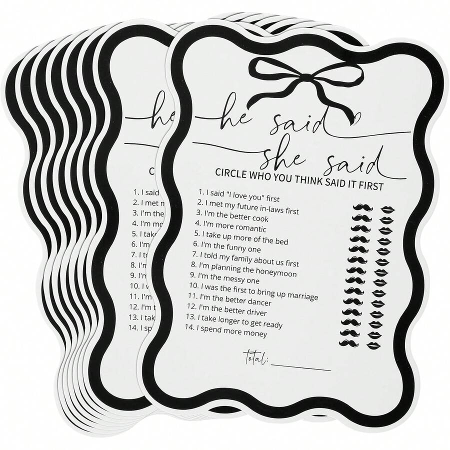 Bộ bài trò chơi "Anh ấy nói, cô ấy nói" dành cho tiệc cưới và lễ đính hôn theo phong cách tối giản với nơ đen, phù hợp cho khách mời.