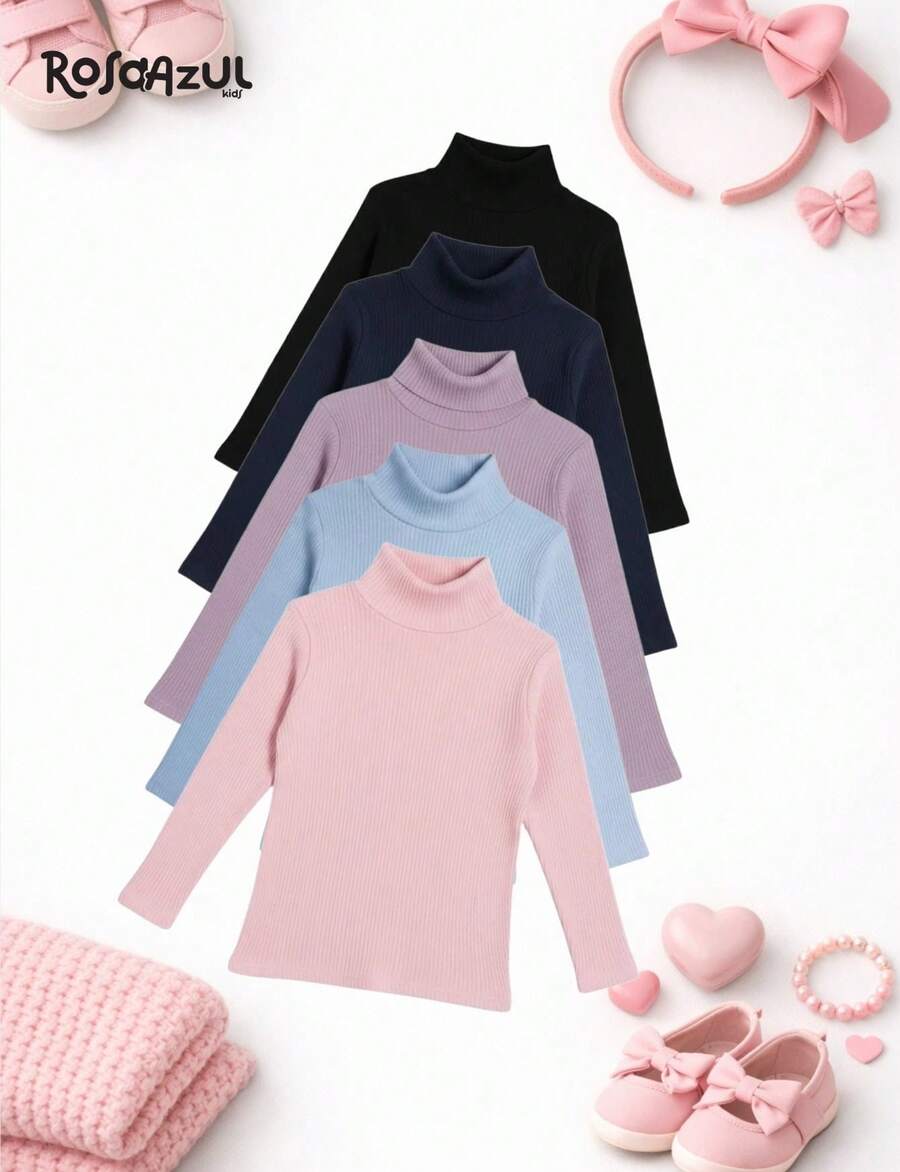 Children's Long-Sleeved High-Neck Ribbed Blouse - 淺灰色 - 查看 1