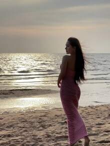 Đầm maxi dệt kim ôm sát không dây vai, màu hồng sáng kẻ sọc, kiểu đuôi cá, không tay, hở lưng, thích hợp cho nữ dự lễ hội âm nhạc, tiệc tùng, thanh lịch, nghỉ mát, thường ngày, dài dự tiệc sang trọng, dự tiệc cưới. - Màu Hồng Tươi - Xem 7