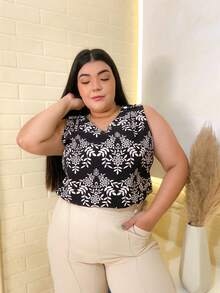 Plain Tank Top, Sleeveless Blouse, Plain Crepe Fabric, With 4 Buttons, Plus Size G1G2G3 46-52, Casual Women's - 66-黑色 - 查看 3