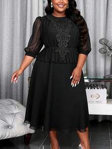 Plus Size Women's Black Pleated Chiffon Puff Sleeve Lace Decor Fitted A-Line Dress, Elegant For Wedding Guest, Cocktail Party, Formal Occasion Spring - Black - View 3