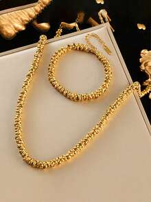 1 Bộ trang sức vòng cổ hạt vàng thép không gỉ + vòng tay, thích hợp làm quà tặng - Vàng - Xem 8