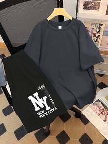 青少年男孩休闲套装，两件套，城市图案T恤和短裤，适合运动和夏季穿着 - 深灰色 - 查看 2