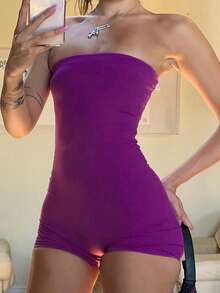 Purple Striped Strapless Fitted Romper - Sexy Clubwear Jumpsuit Summer Elegant - Hot Pink - View 11