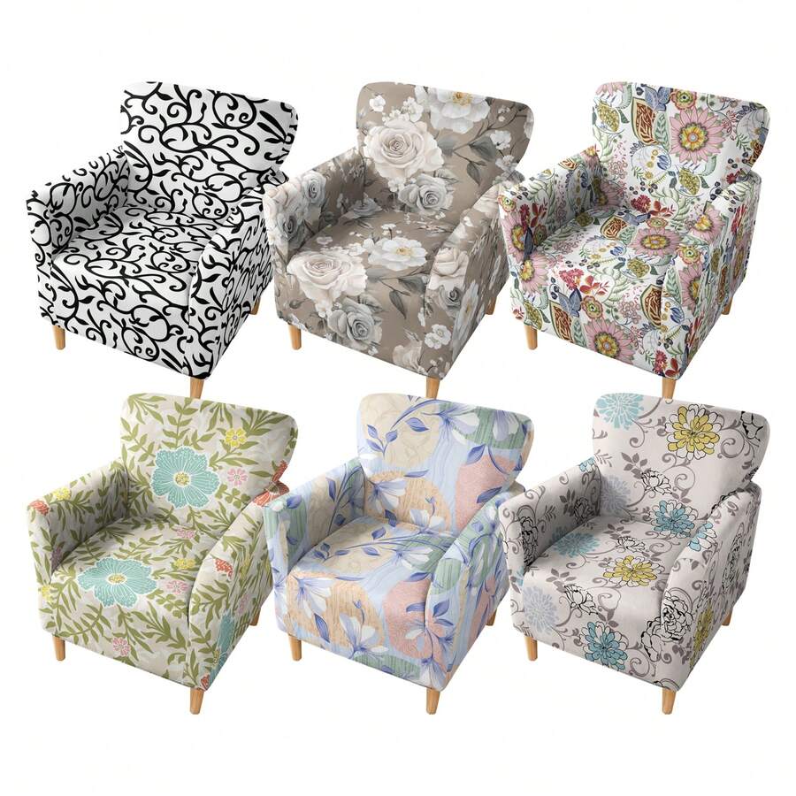 1pc Printed Stretch 5-Piece Chair Cover, Single Seat, Dust-Proof, Suitable For Living Room & Bedroom Sofa, All Seasons - Flowers In Full Bloom - View 1