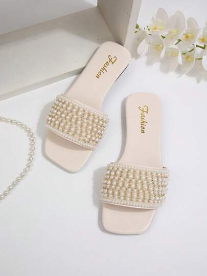 Women's One-Strap Rhinestone Decorated Sandals, Casual Versatile Outdoor Plastic Flat Slippers