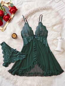 2pcs Women Sexy Pajamas Sheer Tulle Nightdress Cut-Out Chemise Bow Lingerie Ruffle Nightgowns Split Nightwear Lace Splicing Loungewear Dress Home Wear - Green - View 7