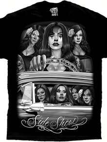 Plus Size-Funny Men's And Women's Round Neck T-Shirt Women's Fashion T-Shirt,Side Show Cruising Lowrider Sexy Payasa Clown D Gonzales Art DGA T Shirt_ Design Street Trending Style Casual Love Lover Tee Mens Comfortable Cotton Round Neck Short Sleeves T-Shirt 180g, Streetwear Fashion, Everyday Tee, Artistic Design, Bold Print, Comfortable Fit, Durable Material, Printed Top, Mens Tshirt, Urban Trendsetters, Fashion Lovers - Black - View 1