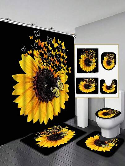 4pcs Sunflower Butterfly Pattern Shower Curtain Set, Waterproof Bath Curtain With Hooks, U-Shaped Mat, Toilet Cover Mat, L-Shaped Mat, Bathroom Accessories, Bathroom Decorations