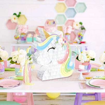 Set de 4 piñatas con forma de unicornio, piñatas con tema de unicornio adecuadas para fiestas de cumpleaños, decoración de fiestas, decoración divertida, props para fotos, incluye palo y venda, confeti