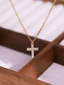 1件装不锈钢十字架项链，镶嵌锆石，适合女士日常佩戴 - 彩色 - 查看 5